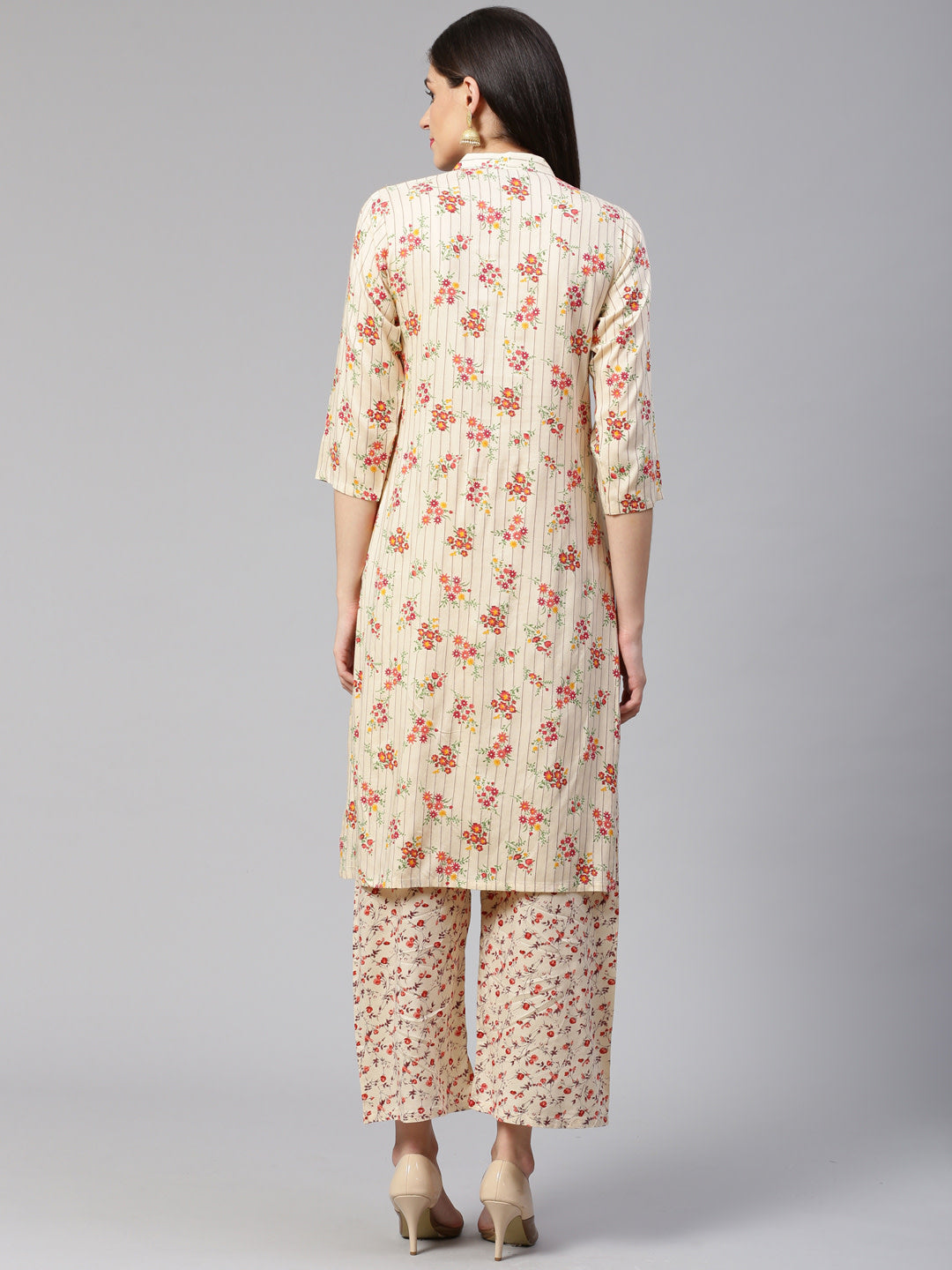 Jompers Women Cream-Coloured & Red Floral Print Kurta with Palazzos | Grocsy