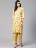 Jompers Women Yellow-Coloured & Red Floral Print Kurta with Palazzos | Grocsy