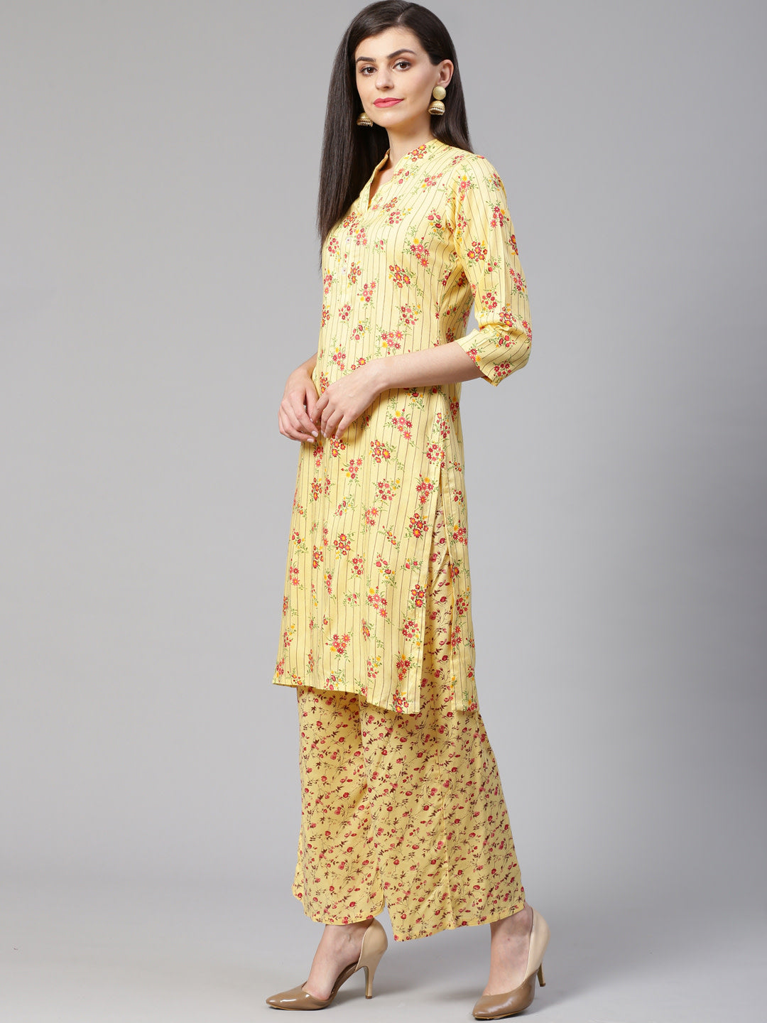 Jompers Women Yellow-Coloured & Red Floral Print Kurta with Palazzos | Grocsy