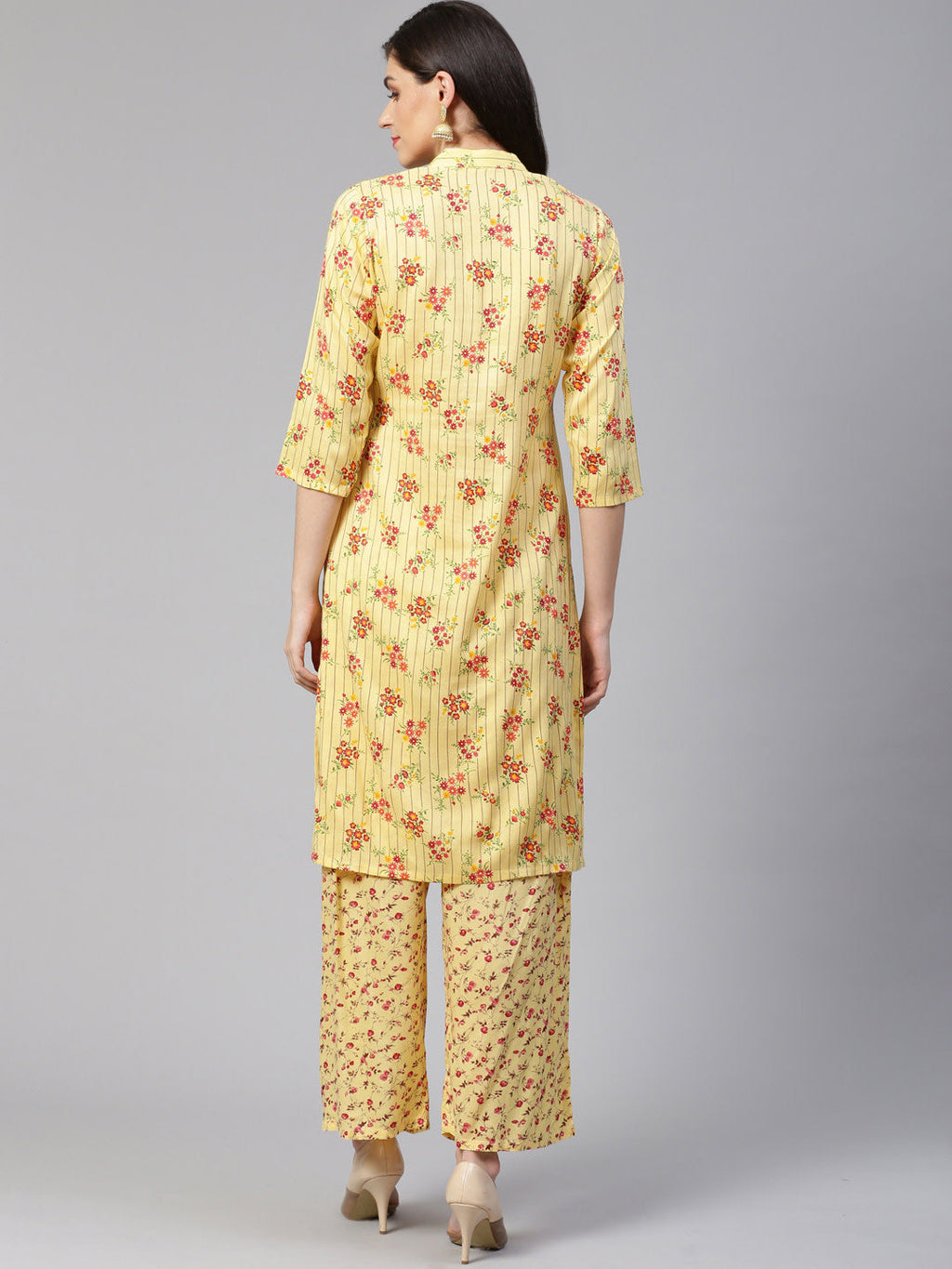 Jompers Women Yellow-Coloured & Red Floral Print Kurta with Palazzos | Grocsy