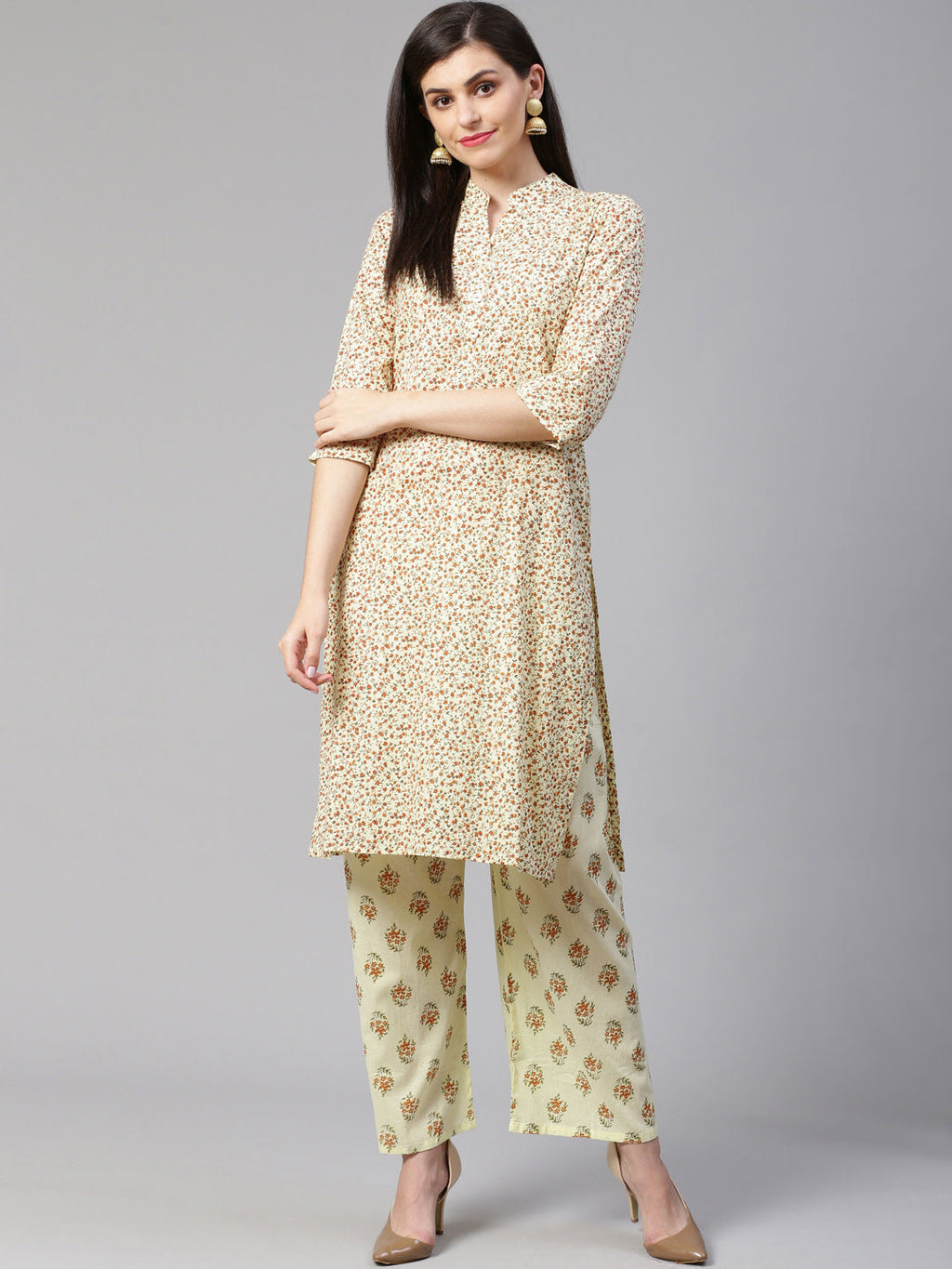 Jompers Women Yellow Floral Printed Kurta with Palazzos | Grocsy