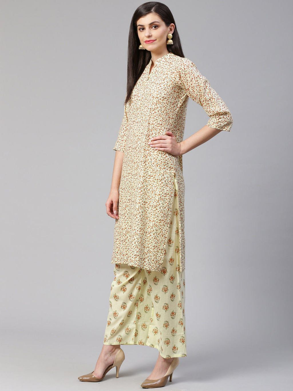 Jompers Women Yellow Floral Printed Kurta with Palazzos | Grocsy