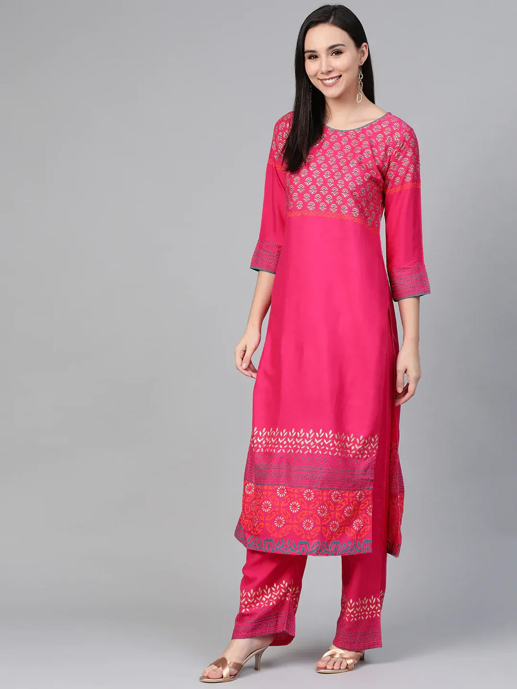Jompers Women's Pink & Golden Yoke Design Kurta with Palazzos | Grocsy