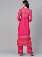 Jompers Women's Pink & Golden Yoke Design Kurta with Palazzos | Grocsy