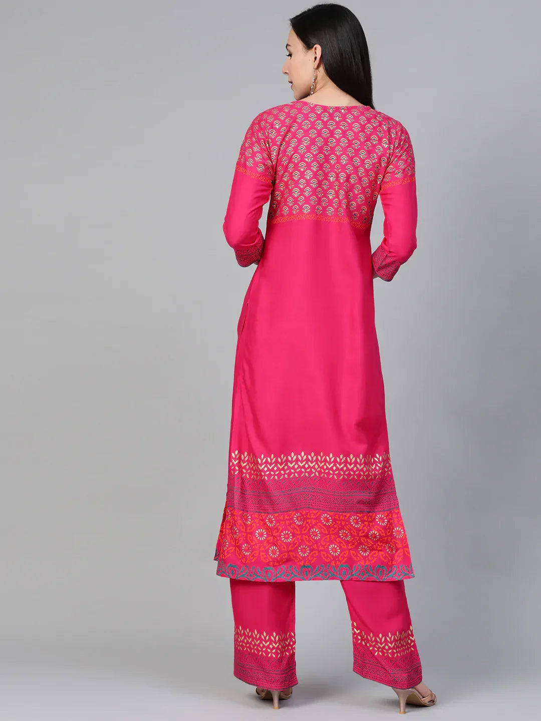 Jompers Women's Pink & Golden Yoke Design Kurta with Palazzos | Grocsy