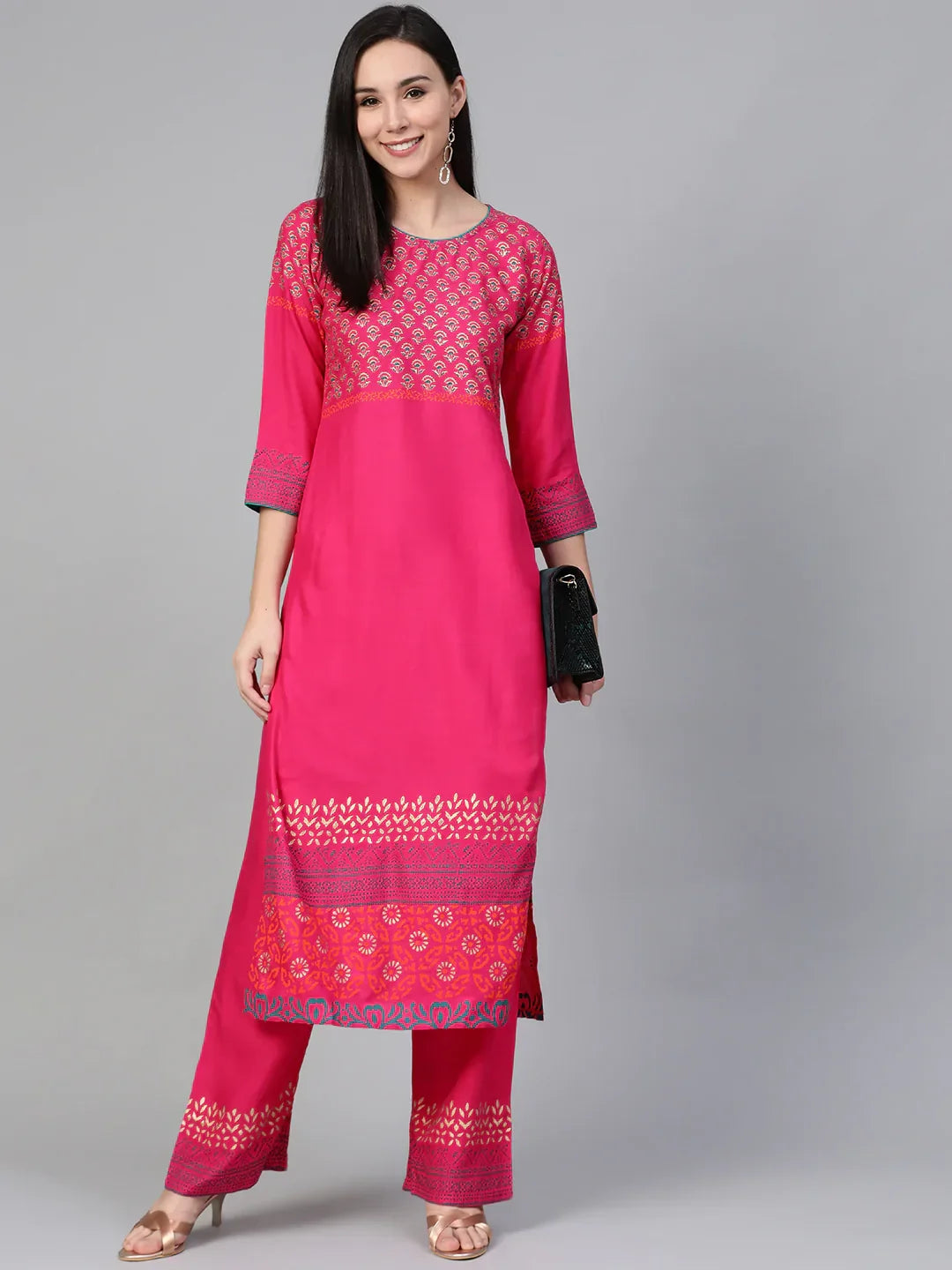 Jompers Women's Pink & Golden Yoke Design Kurta with Palazzos | Grocsy