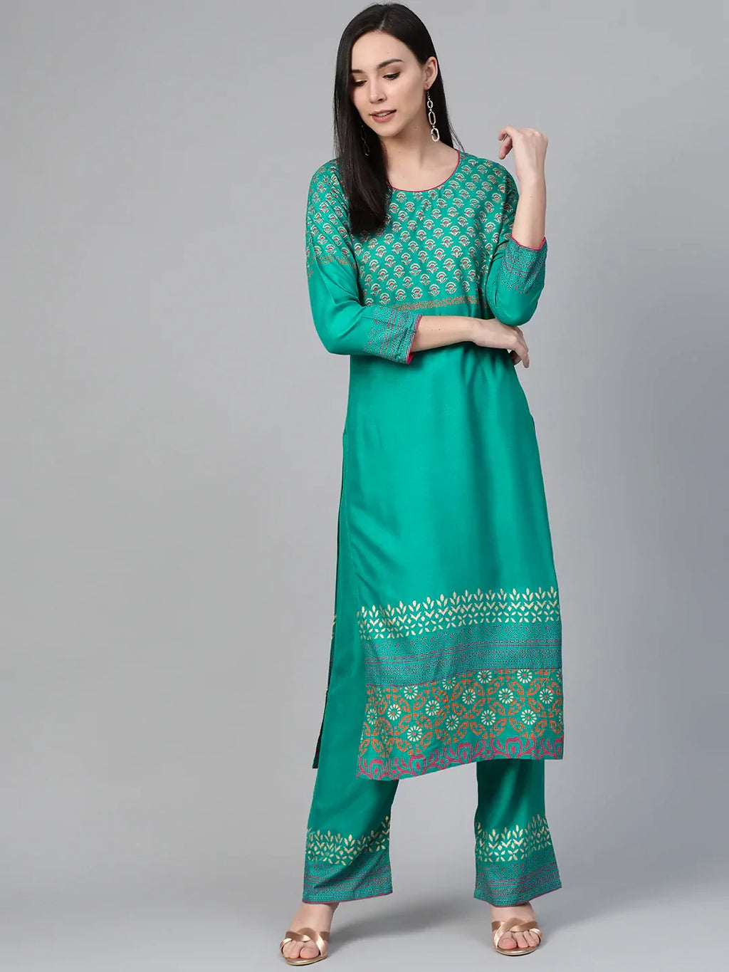 Jompers Women's Rama-Green & Golden Yoke Design Kurta with Palazzos | Grocsy