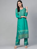Jompers Women's Rama-Green & Golden Yoke Design Kurta with Palazzos | Grocsy