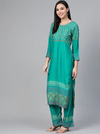 Jompers Women's Rama-Green & Golden Yoke Design Kurta with Palazzos | Grocsy