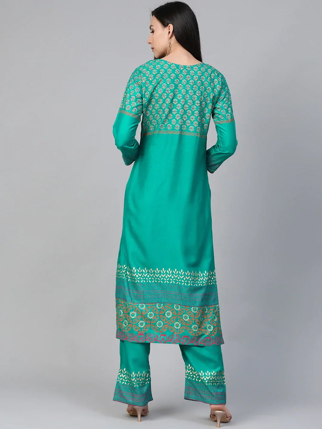 Jompers Women's Rama-Green & Golden Yoke Design Kurta with Palazzos | Grocsy