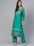 Jompers Women's Rama-Green & Golden Yoke Design Kurta with Palazzos | Grocsy