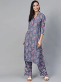 Jompers Women's Grey & Pink Block Printed Kurta with Palazzos | Grocsy