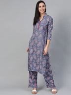 Jompers Women's Grey & Pink Block Printed Kurta with Palazzos | Grocsy