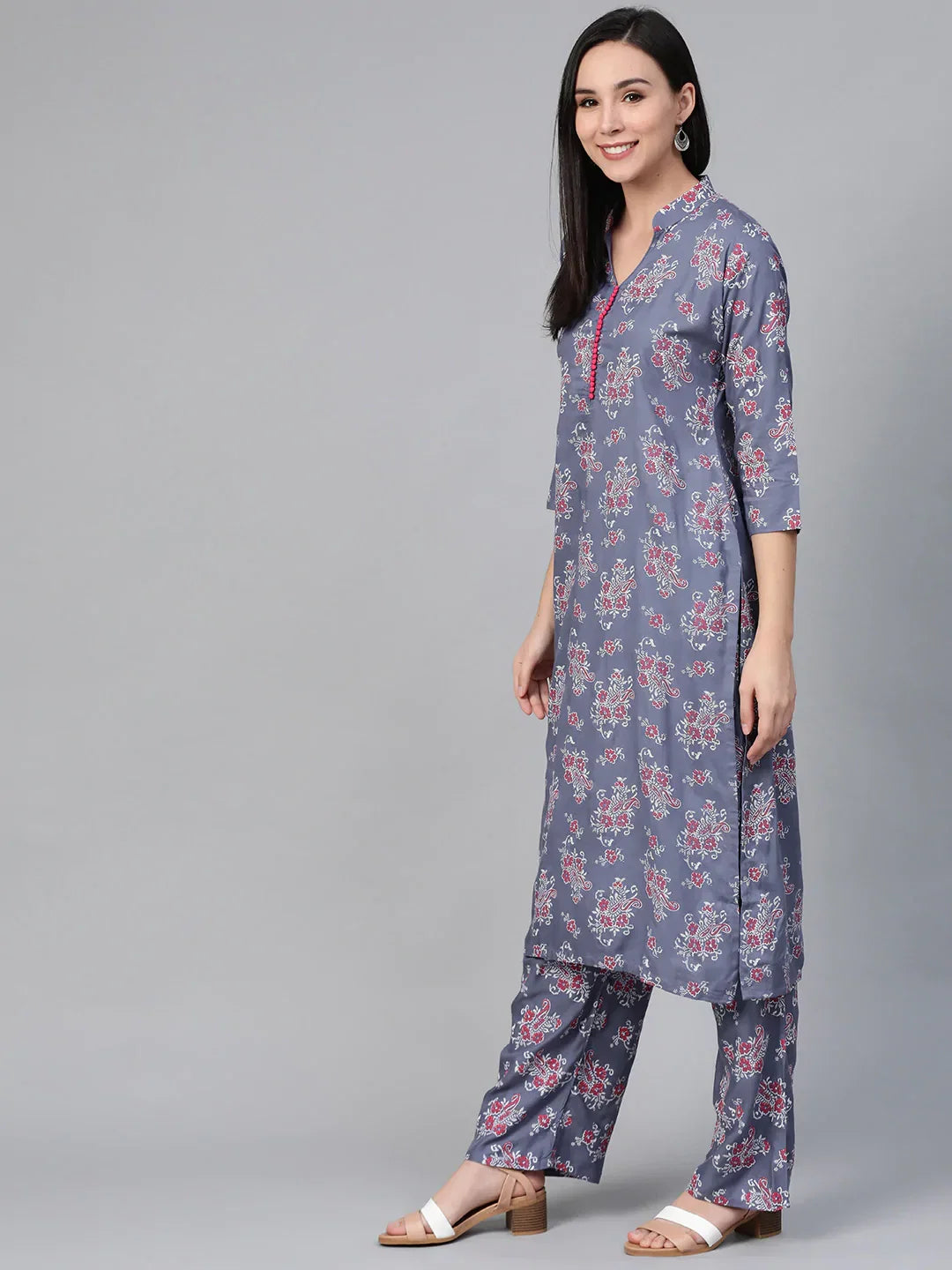 Jompers Women's Grey & Pink Block Printed Kurta with Palazzos | Grocsy