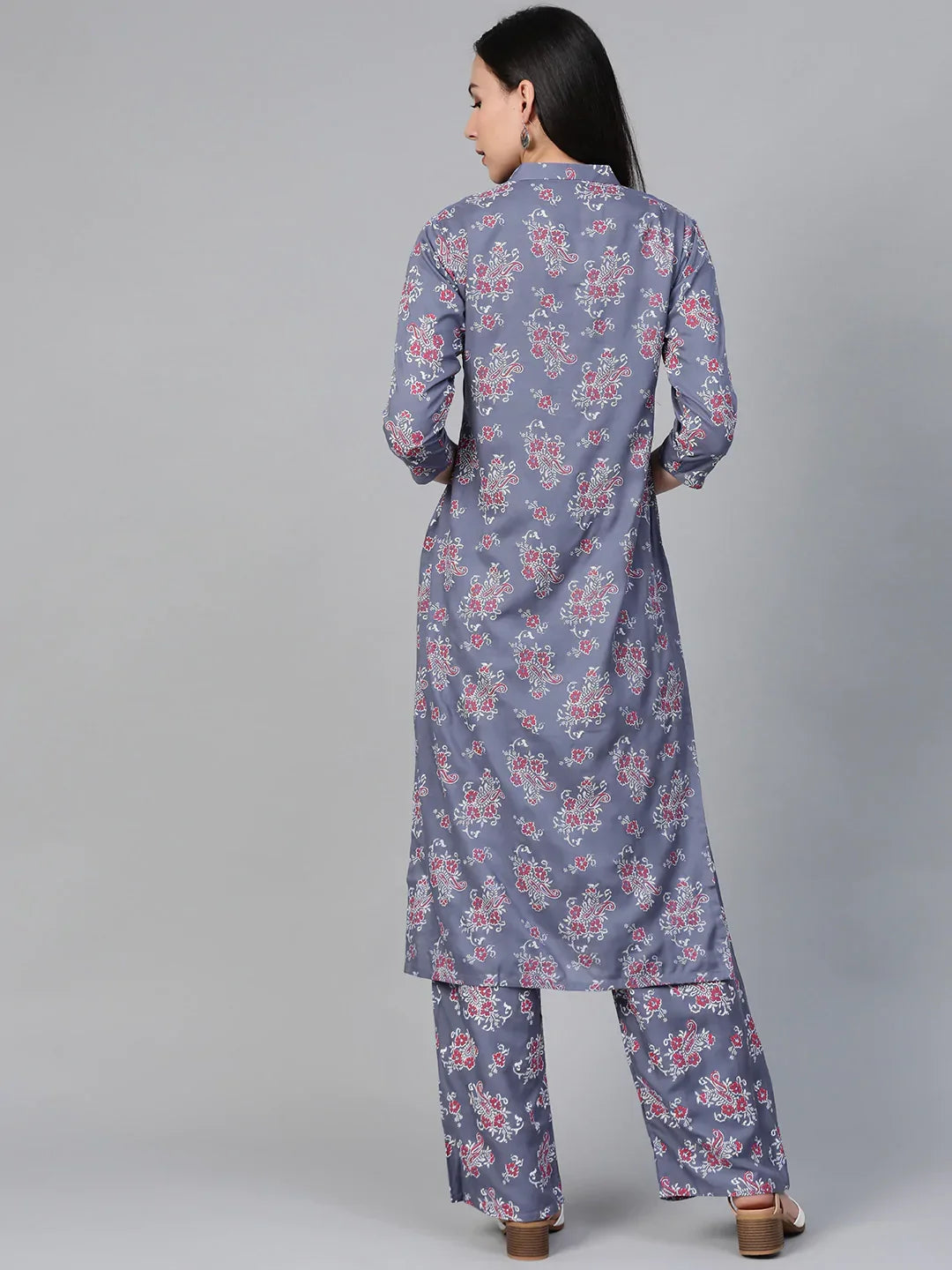 Jompers Women's Grey & Pink Block Printed Kurta with Palazzos | Grocsy