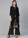 Jompers Women's Black & Golden Block Printed Kurta with Palazzos | Grocsy