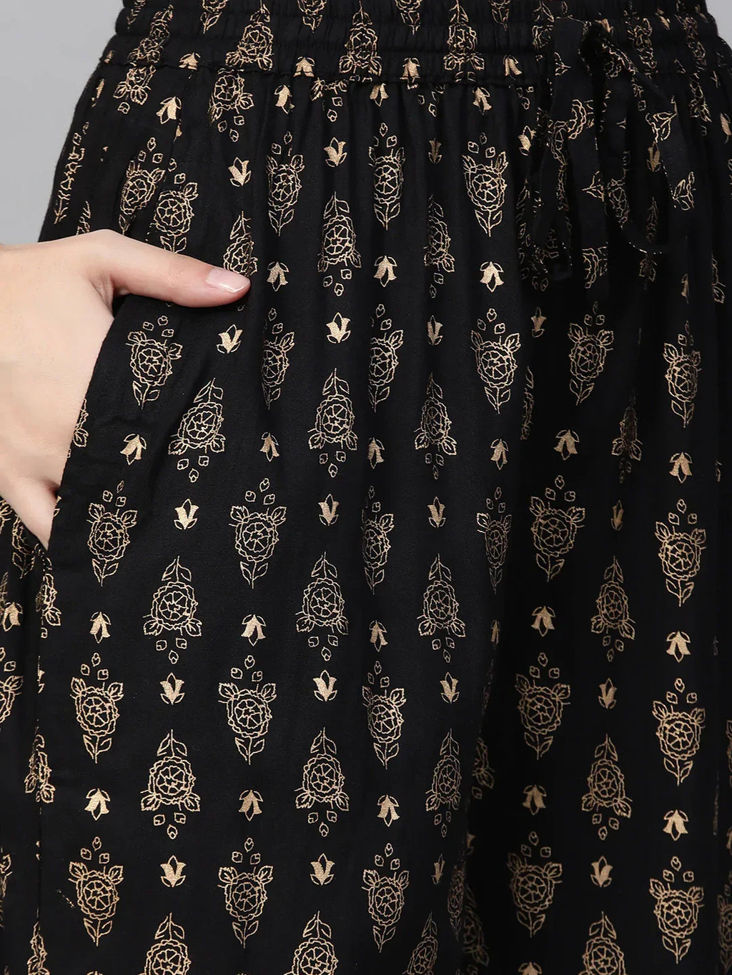 Jompers Women's Black & Golden Block Printed Kurta with Palazzos | Grocsy