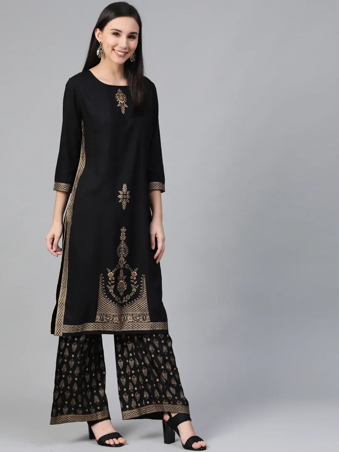 Jompers Women's Black & Golden Block Printed Kurta with Palazzos | Grocsy