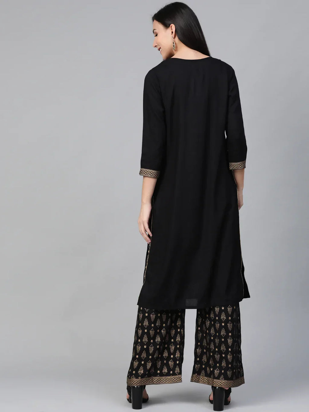 Jompers Women's Black & Golden Block Printed Kurta with Palazzos | Grocsy