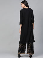 Jompers Women's Black & Golden Block Printed Kurta with Palazzos | Grocsy