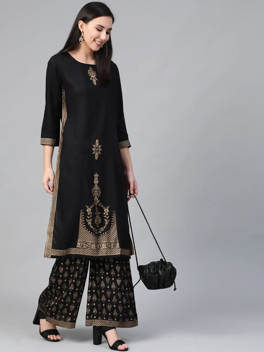 Jompers Women's Black & Golden Block Printed Kurta with Palazzos | Grocsy