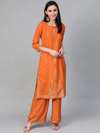 Jompers Women's Orange & Golden Block Printed Kurta with Palazzos | Grocsy