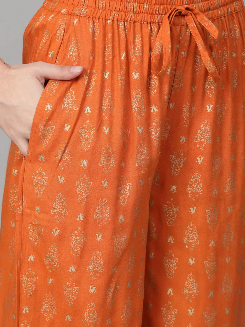 Jompers Women's Orange & Golden Block Printed Kurta with Palazzos | Grocsy