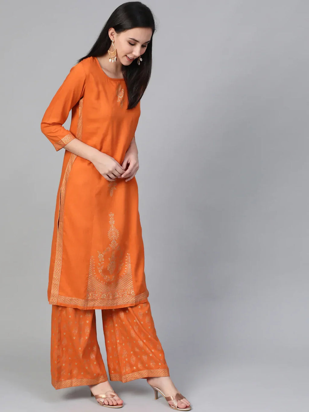 Jompers Women's Orange & Golden Block Printed Kurta with Palazzos | Grocsy
