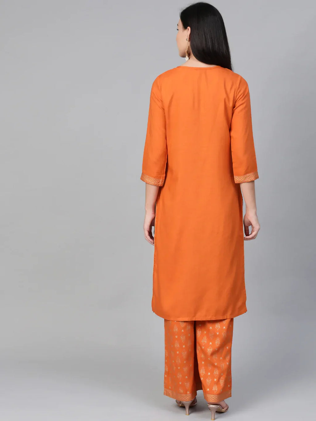Jompers Women's Orange & Golden Block Printed Kurta with Palazzos | Grocsy