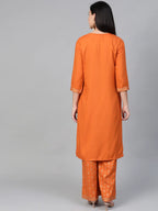 Jompers Women's Orange & Golden Block Printed Kurta with Palazzos | Grocsy
