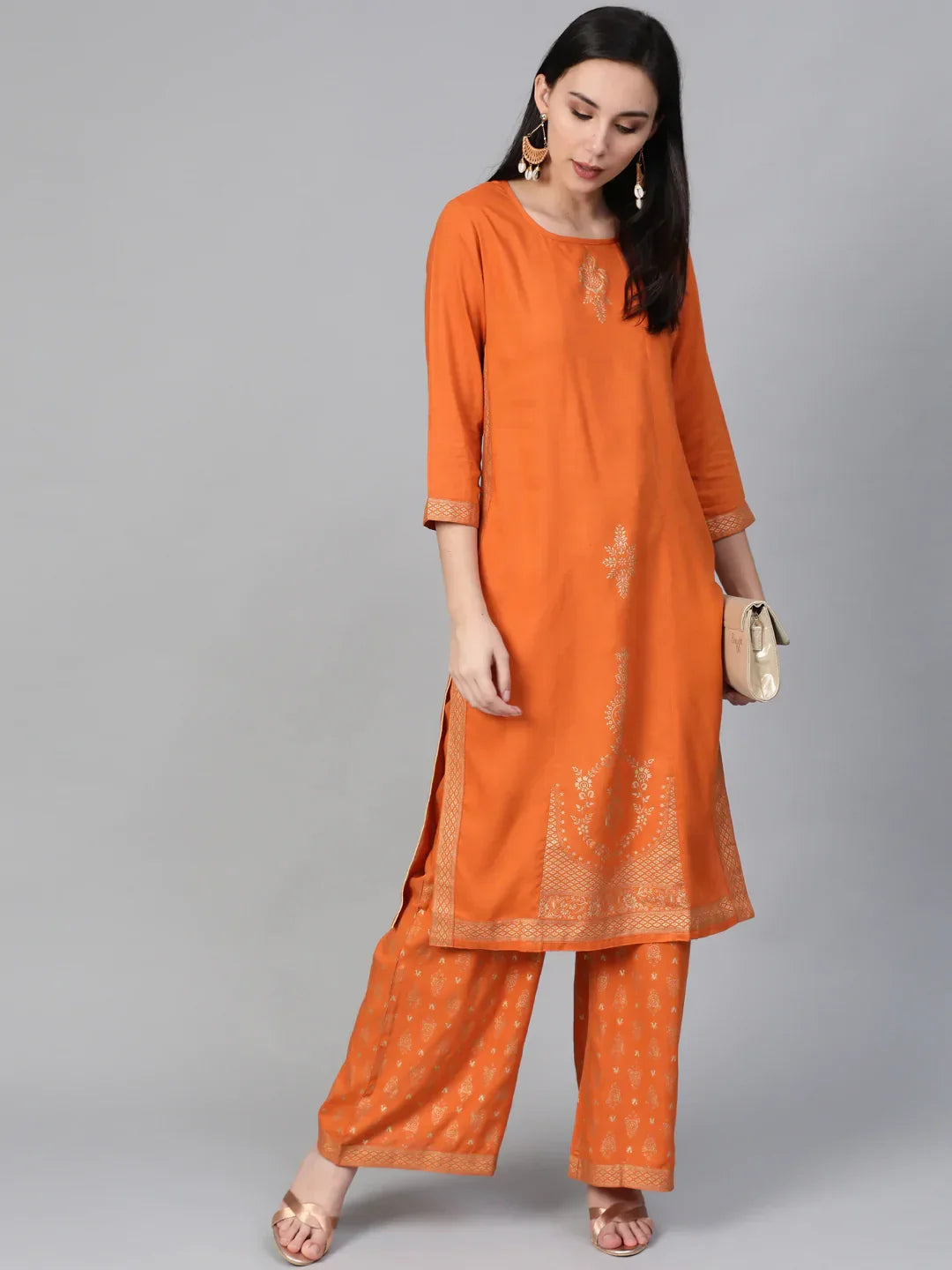 Jompers Women's Orange & Golden Block Printed Kurta with Palazzos | Grocsy