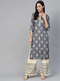 Jompers Women's Grey & Cream-Coloured Block Print Kurta with Palazzos | Grocsy