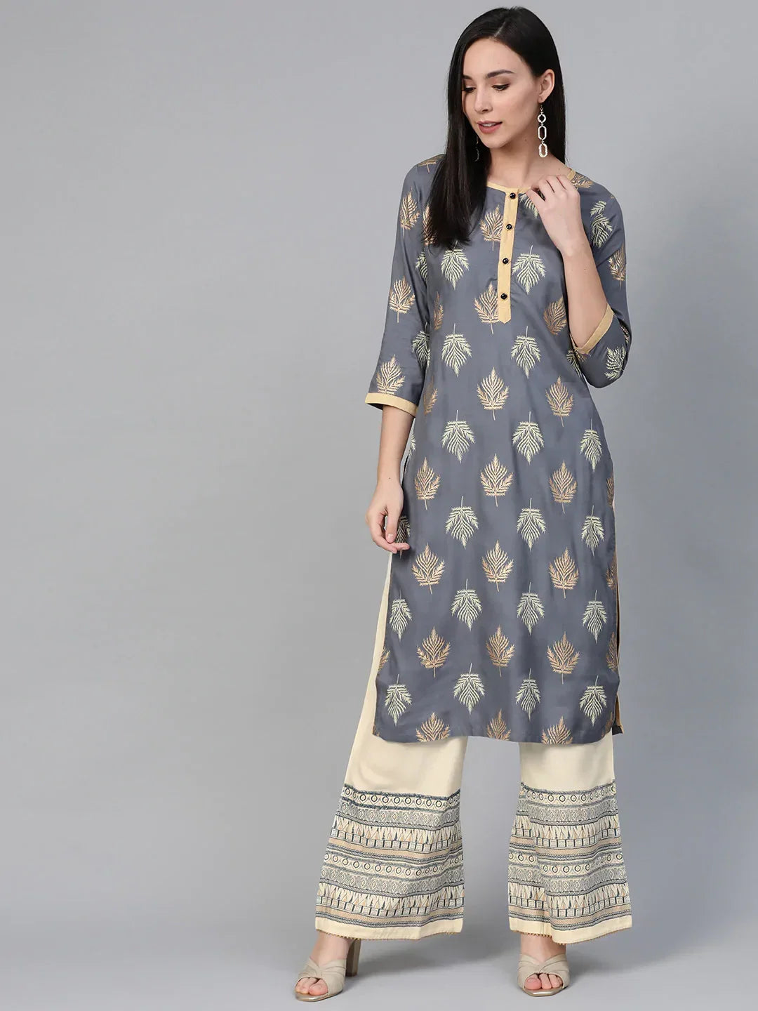 Jompers Women's Grey & Cream-Coloured Block Print Kurta with Palazzos | Grocsy
