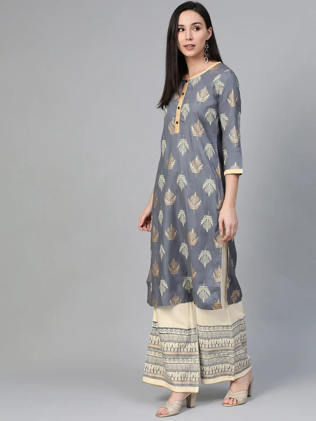 Jompers Women's Grey & Cream-Coloured Block Print Kurta with Palazzos | Grocsy