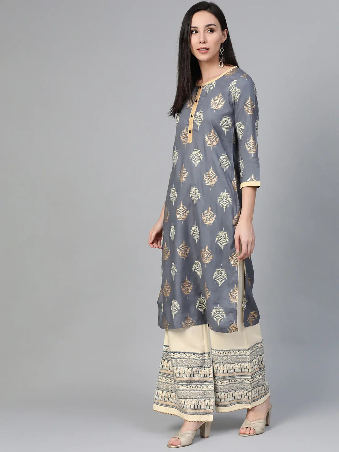 Jompers Women's Grey & Cream-Coloured Block Print Kurta with Palazzos | Grocsy
