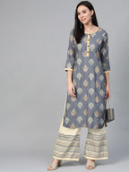Jompers Women's Grey & Cream-Coloured Block Print Kurta with Palazzos | Grocsy