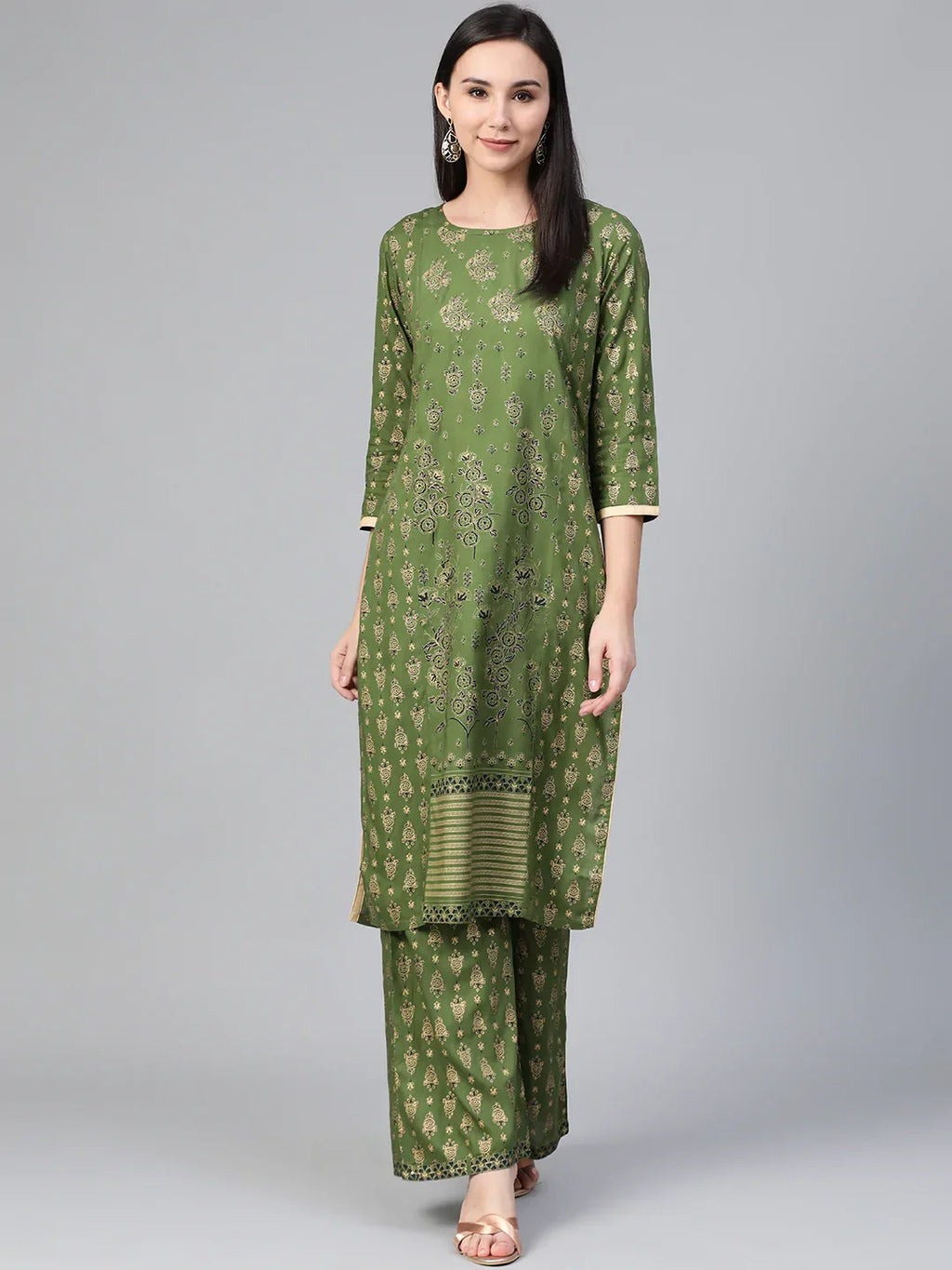 Jompers Women's Green & Golden Block Printed Kurta with Palazzos | Grocsy