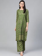 Jompers Women's Green & Golden Block Printed Kurta with Palazzos | Grocsy