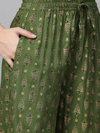 Jompers Women's Green & Golden Block Printed Kurta with Palazzos | Grocsy