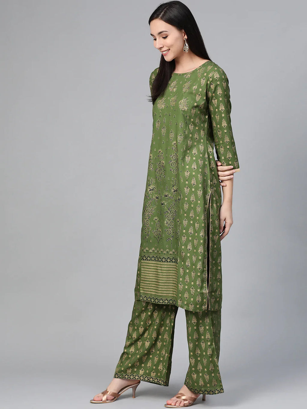 Jompers Women's Green & Golden Block Printed Kurta with Palazzos | Grocsy