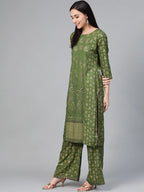 Jompers Women's Green & Golden Block Printed Kurta with Palazzos | Grocsy