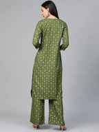 Jompers Women's Green & Golden Block Printed Kurta with Palazzos | Grocsy