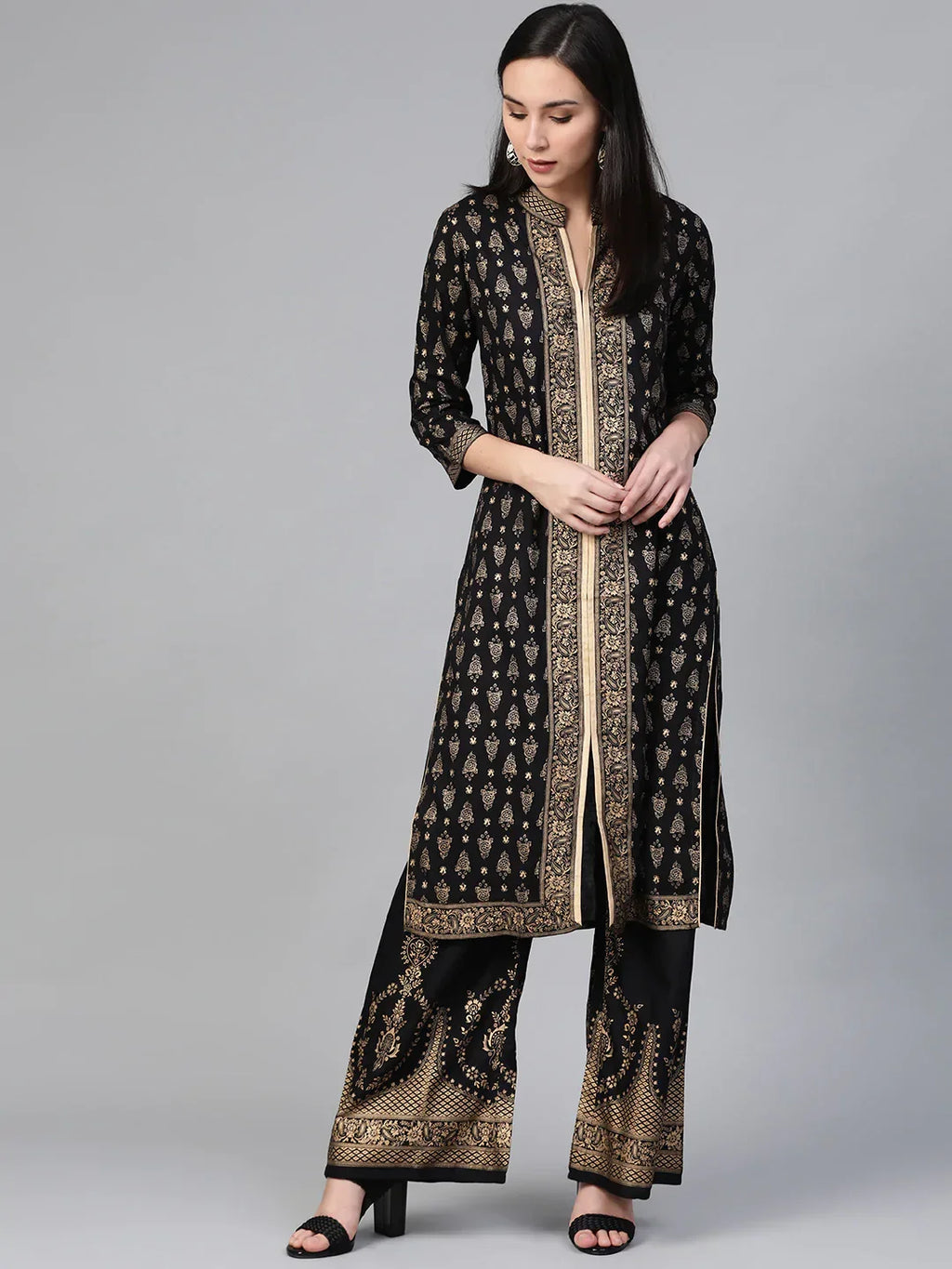 Jompers Women's Black & Golden Block Print Kurta with Palazzos | Grocsy