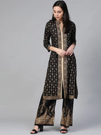 Jompers Women's Black & Golden Block Print Kurta with Palazzos | Grocsy