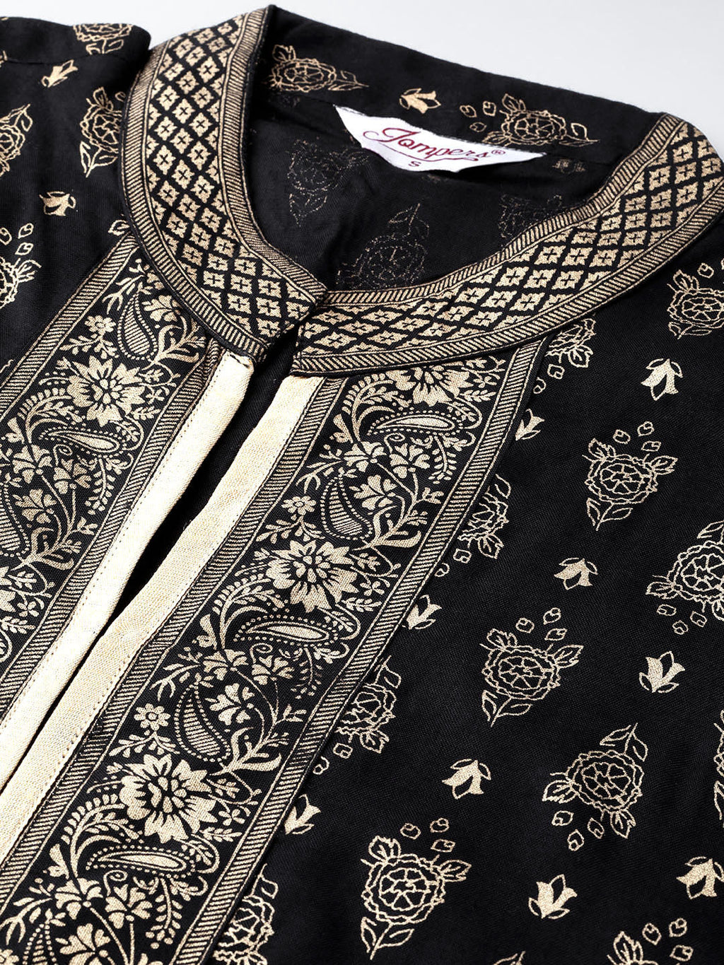 Jompers Women's Black & Golden Block Print Kurta with Palazzos | Grocsy
