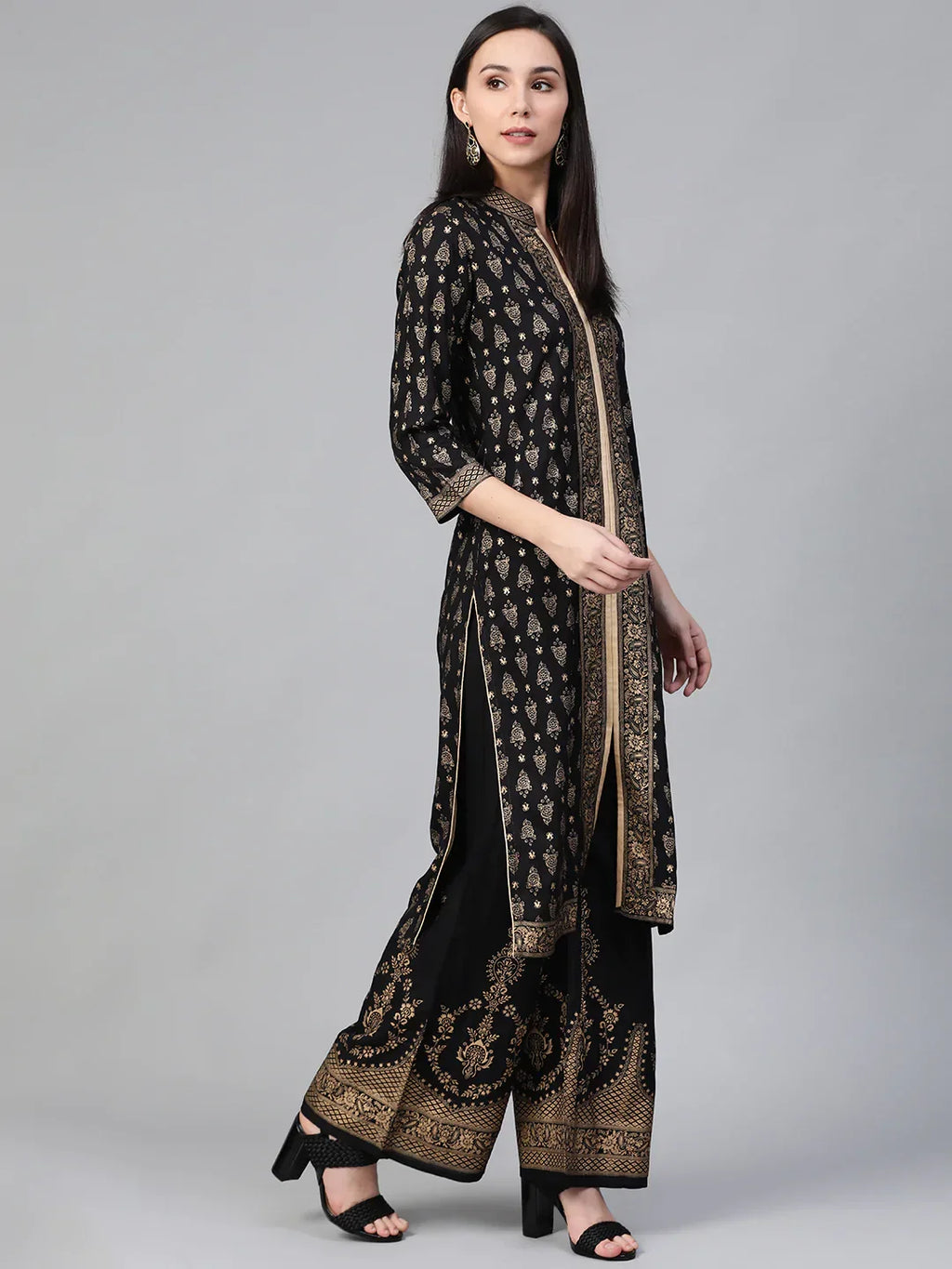 Jompers Women's Black & Golden Block Print Kurta with Palazzos | Grocsy