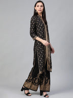 Jompers Women's Black & Golden Block Print Kurta with Palazzos | Grocsy