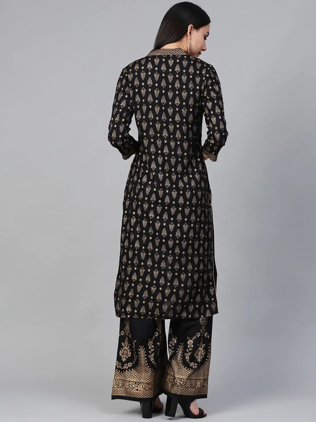 Jompers Women's Black & Golden Block Print Kurta with Palazzos | Grocsy