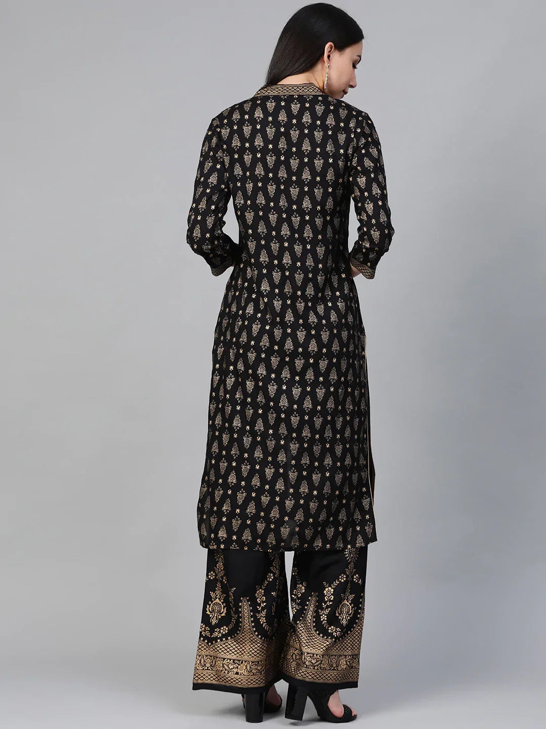 Jompers Women's Black & Golden Block Print Kurta with Palazzos | Grocsy