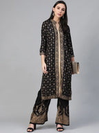 Jompers Women's Black & Golden Block Print Kurta with Palazzos | Grocsy